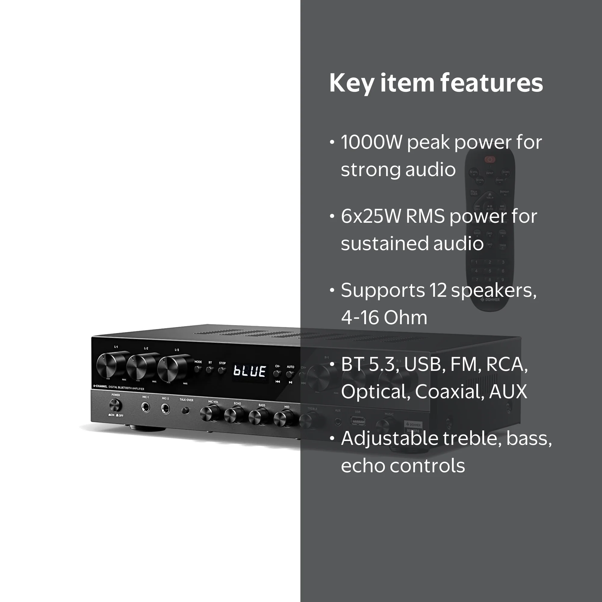 Donner, Stereo Receiver, 1000W Peak Power, 6 Channel Bluetooth 5.3