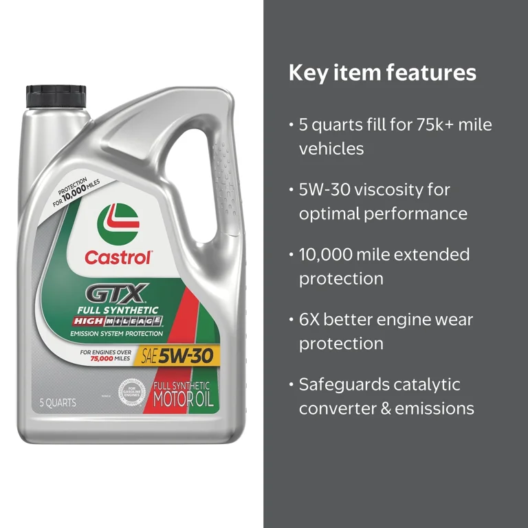 Castrol GTX Full Synthetic High Mileage 5W-30 Motor Oil, 5 Quarts