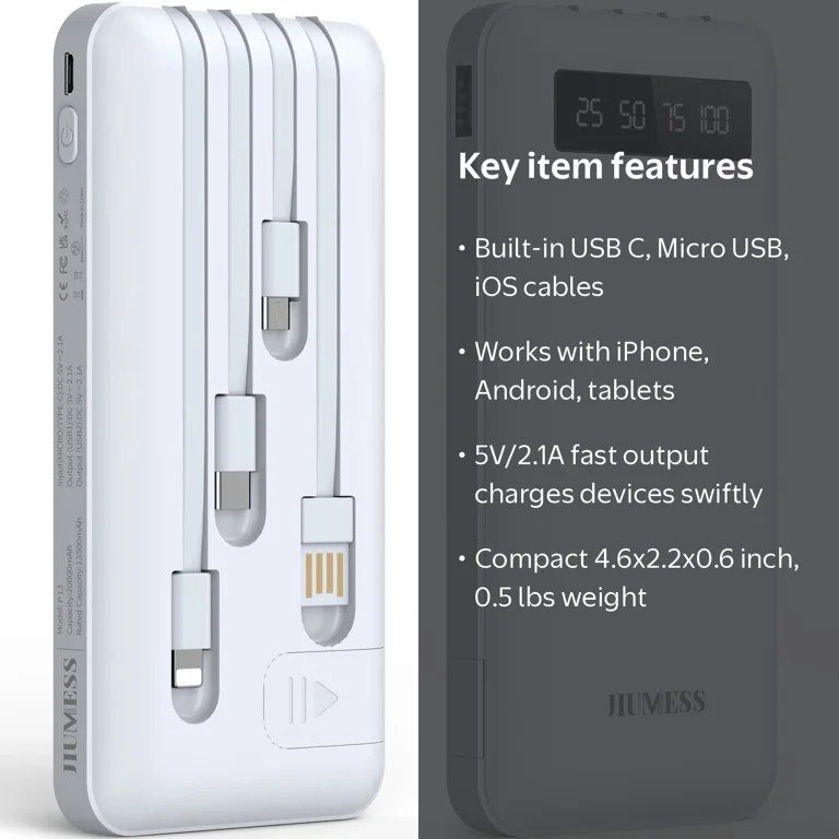 JIUMESS 20000mAh Portable Power Bank, Built-in 4 Cables, LED