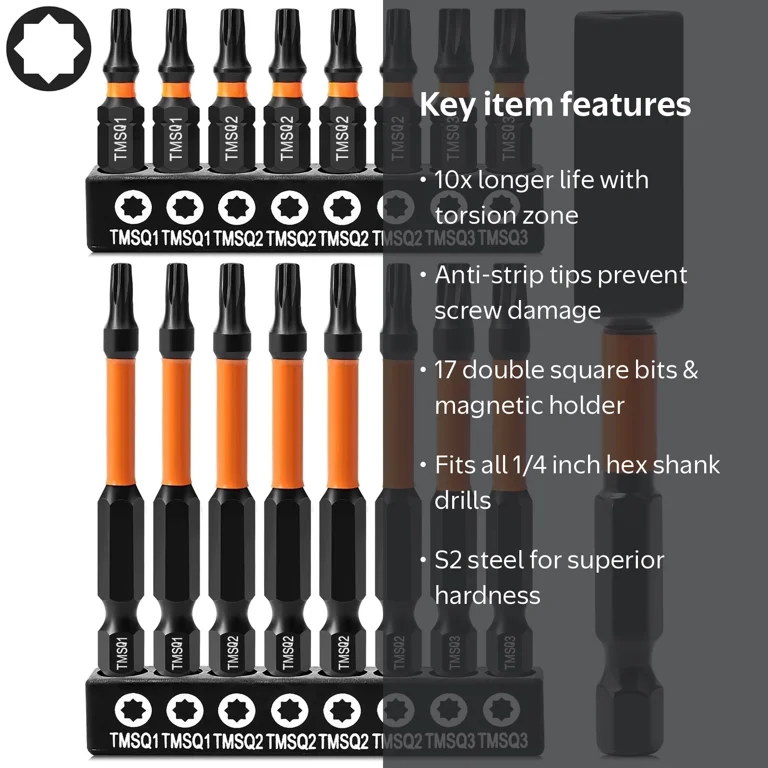 Tonsiki, 17PCS Double Square Star Bit Set, #1, #2, #3, Orange