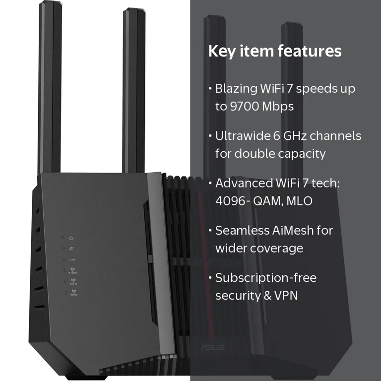 ASUS, Tri-Band Wi-Fi 7 Router, 9700 Mbps, AiMesh Support - Walmart.com ASUS, Tri-Band Wi-Fi 7 Router, 9700 Mbps, AiMesh Support - Walmart.com