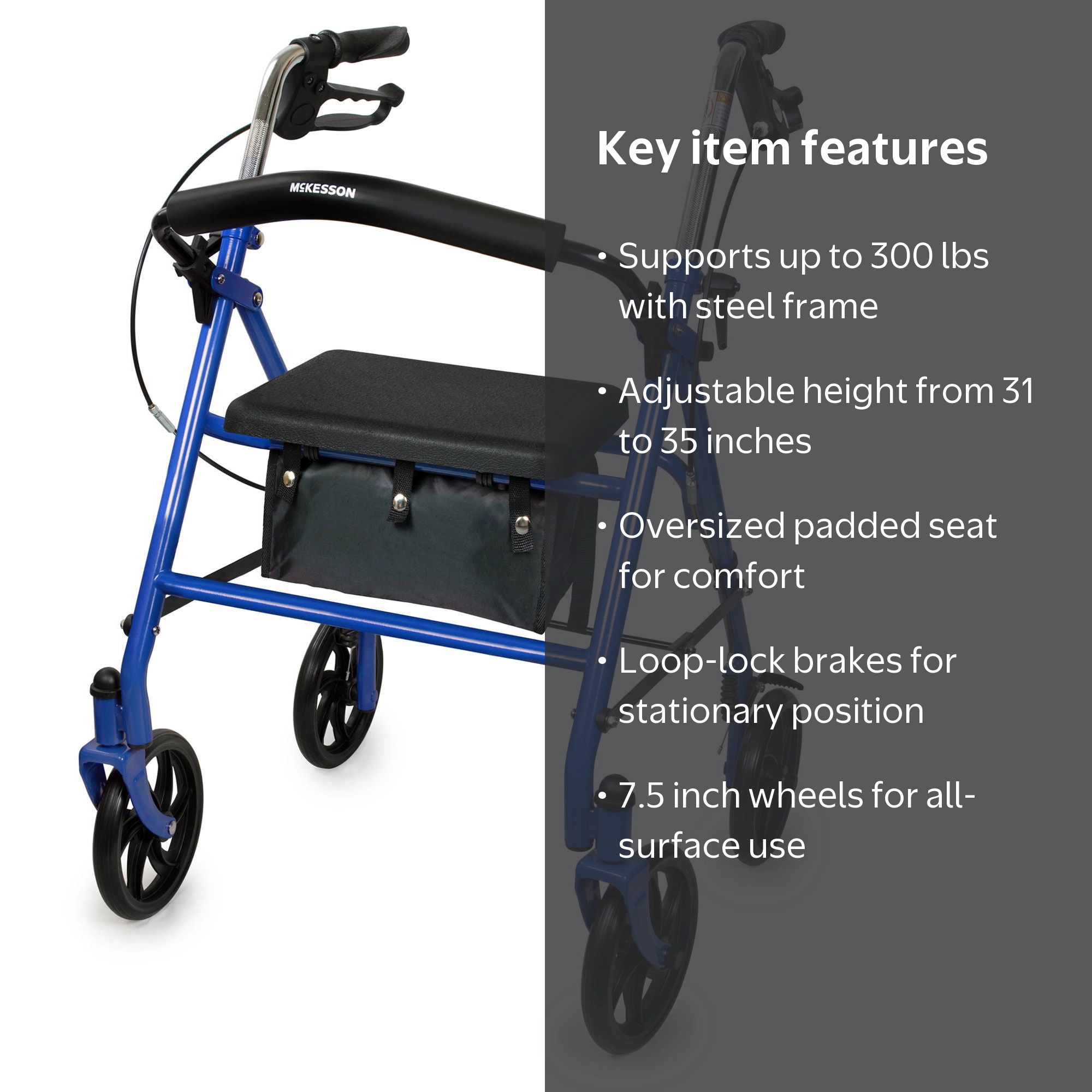 McKesson Rollator Walker for Seniors with Seat, Wheels - Blue, 300