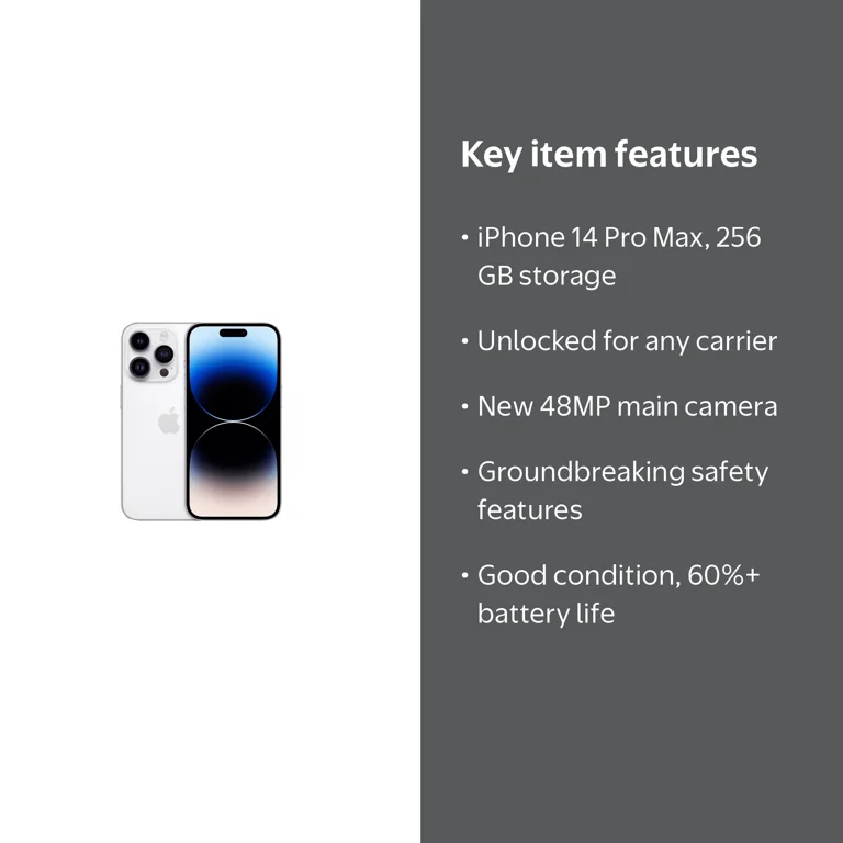 Apple iPhone 14 Pro Max, Pre-Owned, Unlocked, 256GB, Silver, Good
