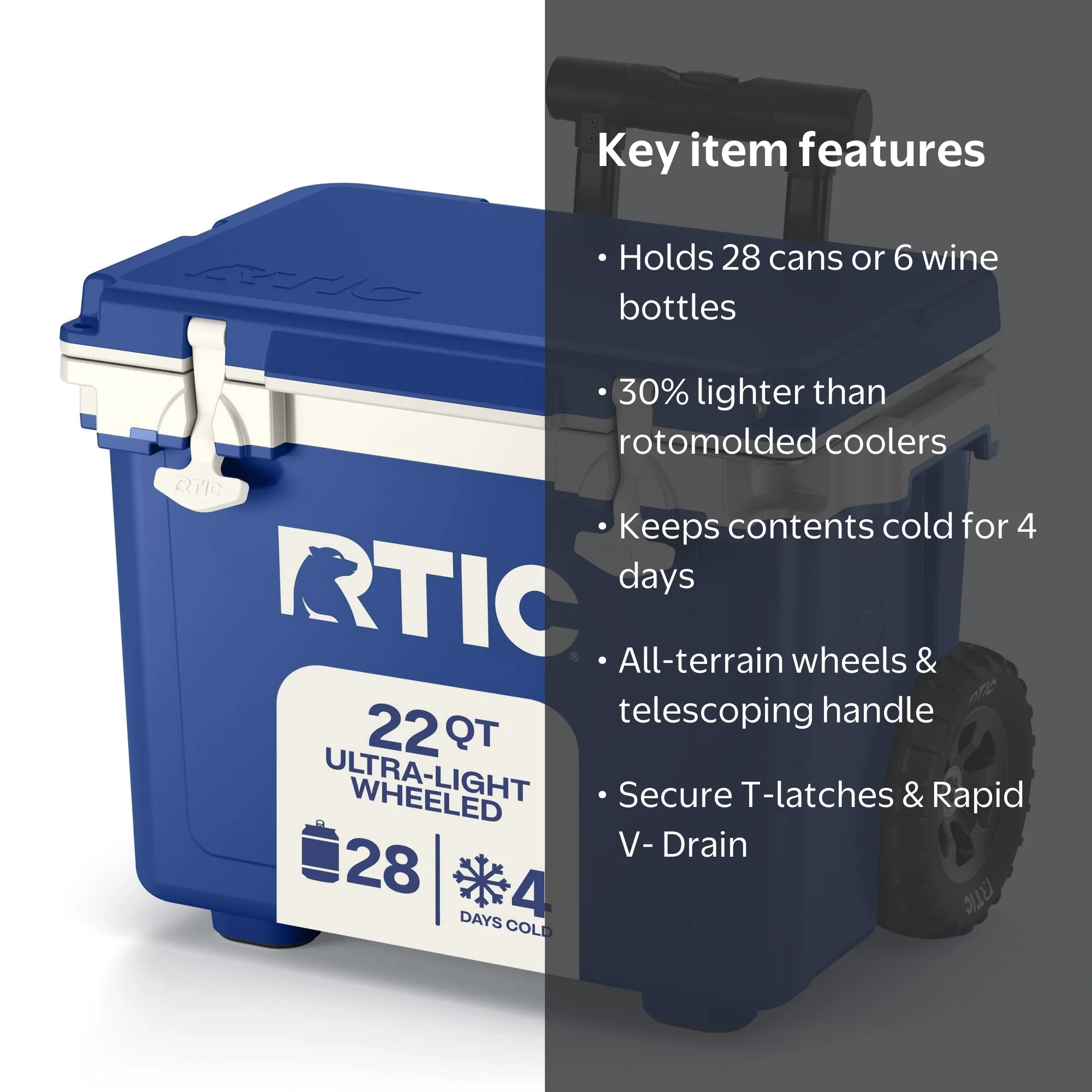 RTIC, Wheeled Cooler, 22 QT, Fits 28 Cans or 6 Wine Bottles