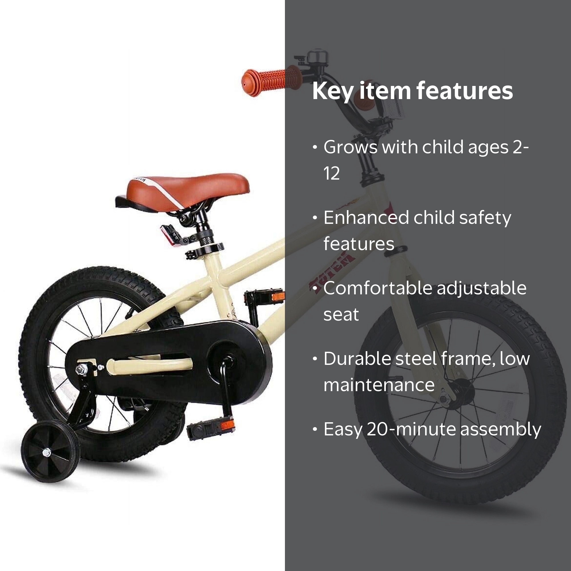 Joystar, Kids Bike, 14-inch, Beige, Adjustable Seat, Safety