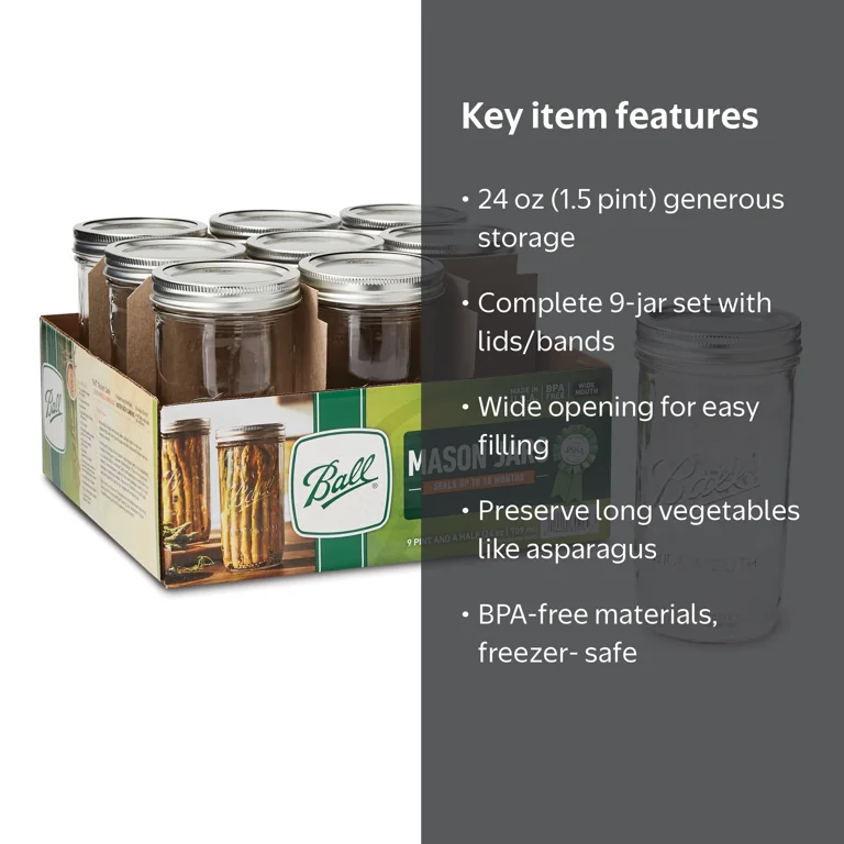 Ball 24oz Wide-Mouth Glass Mason Jars (9 Count) with Lids & Bands