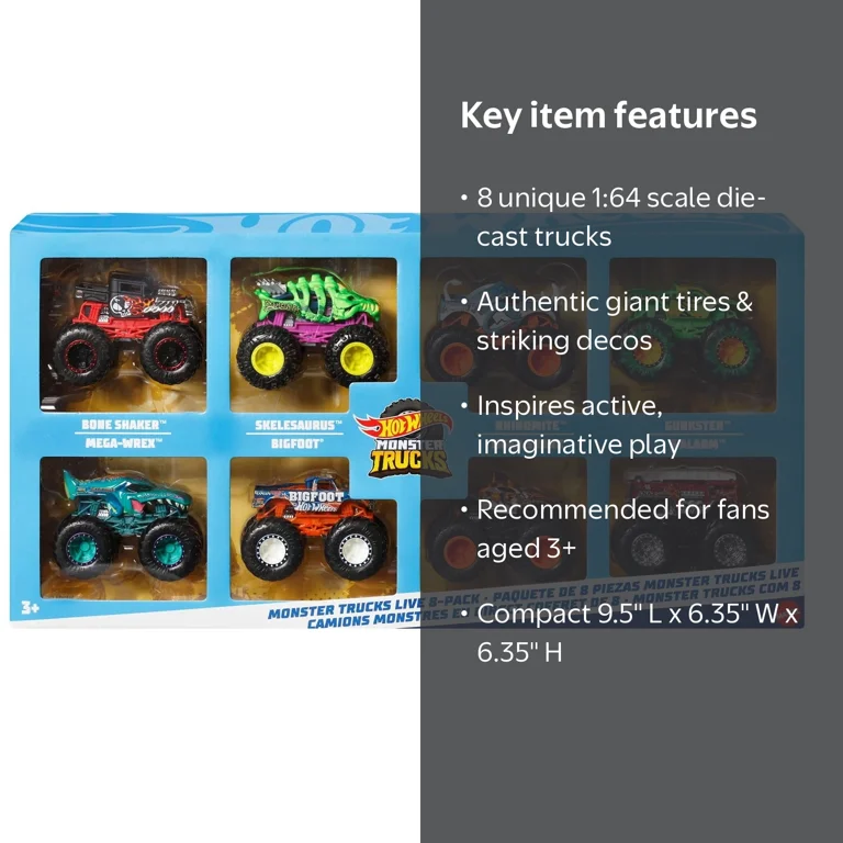 Hot Wheels Monster Trucks Live Diecast Car 8-Pack, 1:64 Scale, Fan