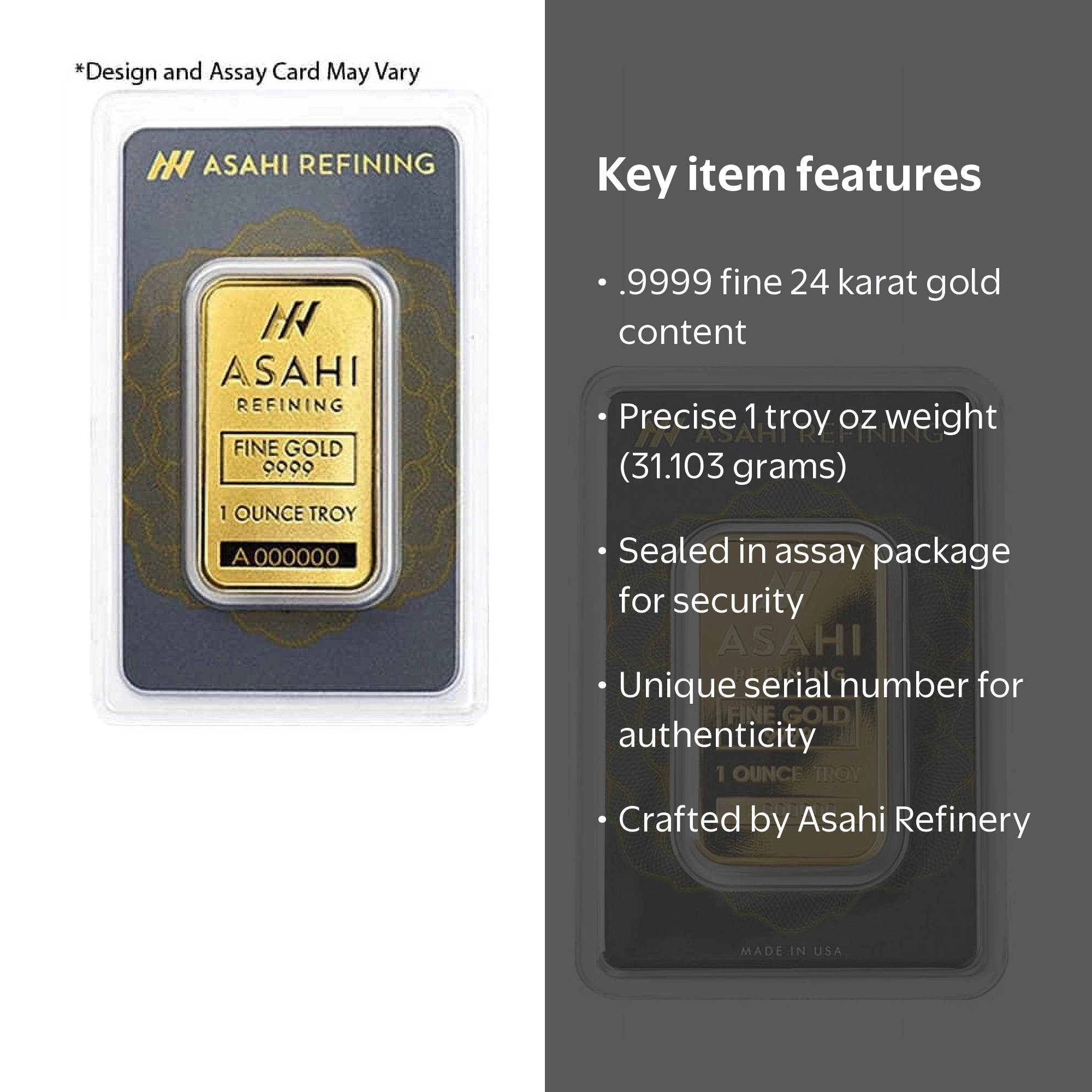 Asahi 1 oz Gold Bar .9999 Fine, New in Assay, 24 Karats Bullion