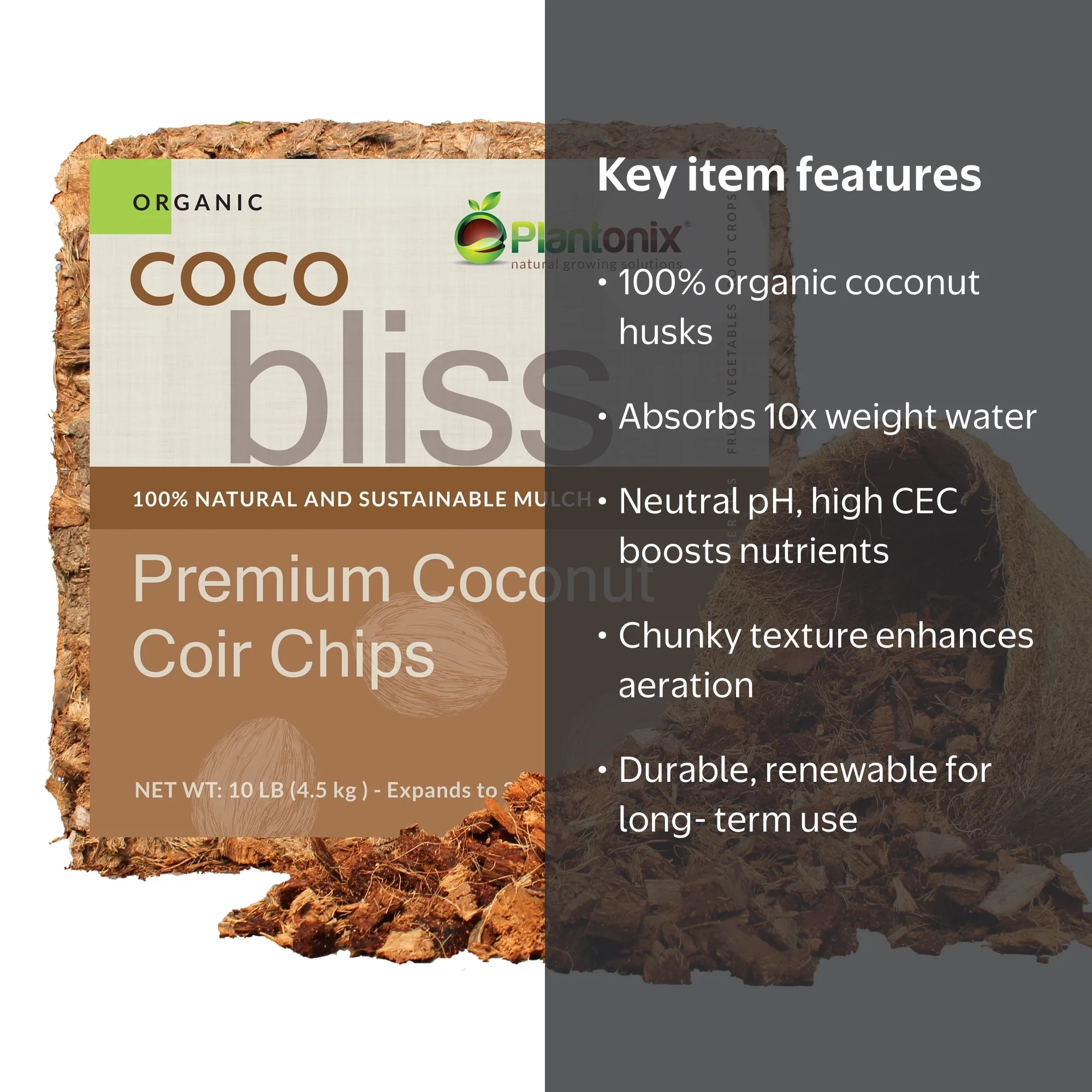 Plantonix, Coco Bliss Coco Chips Mulch Block, 10 lb, Brown