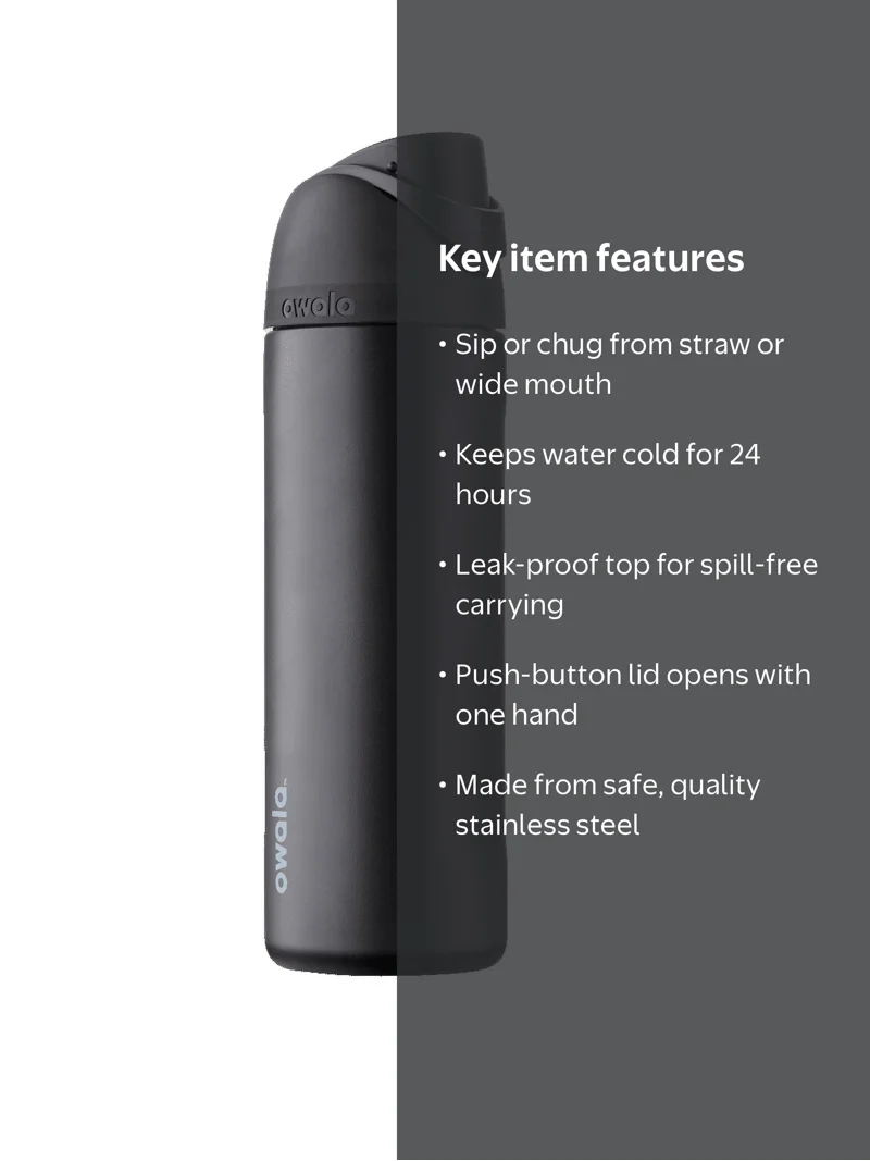 Owala FreeSip Stainless Steel Water Bottle, 24oz, Very Black