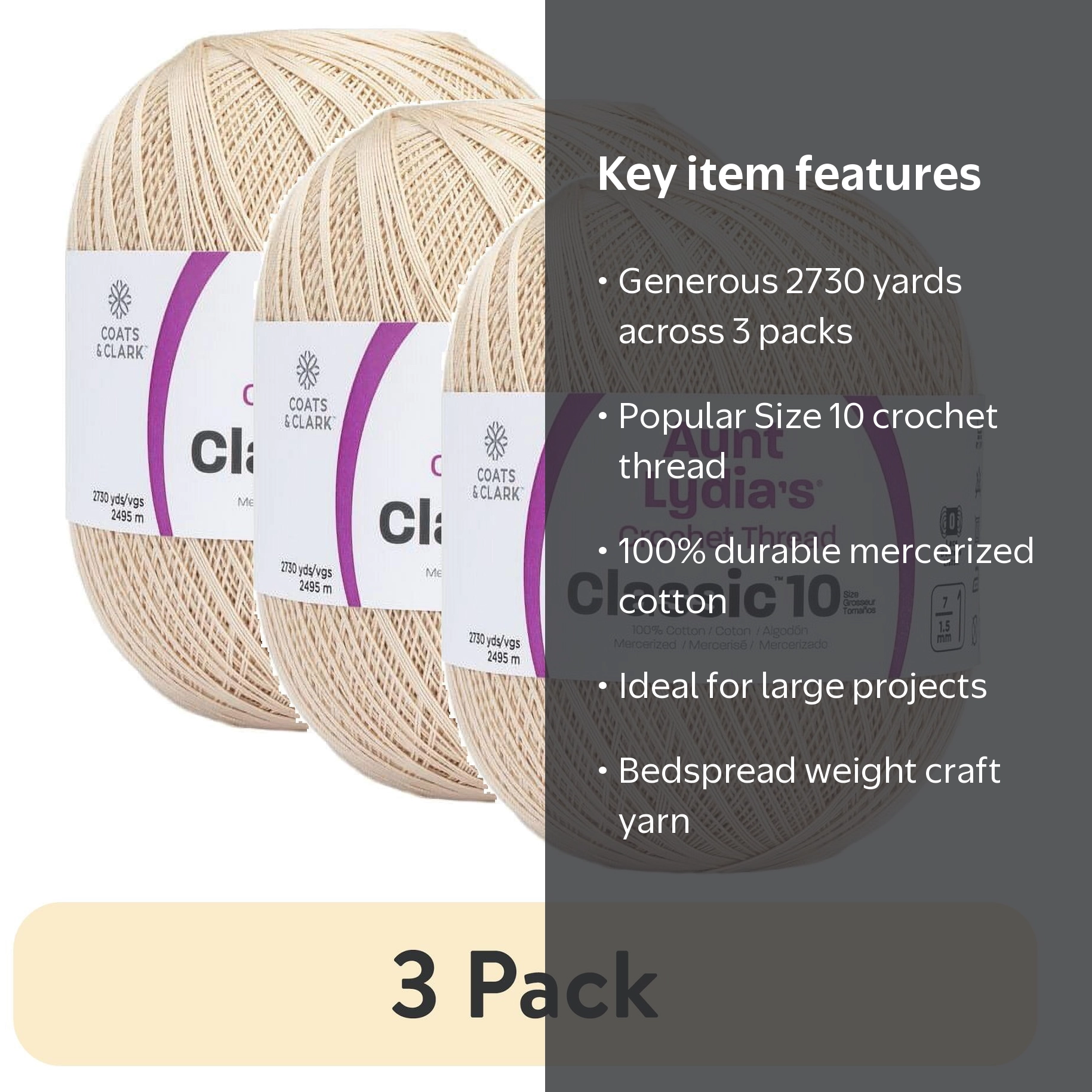 3 pack) Aunt Lydia's® Classic™ Natural Crochet Thread, 2730 Yards