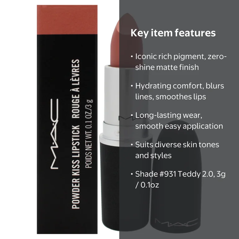 M.A.C Powder Kiss Lipstick, Teddy 2.0, 3g/0.1oz, Matte, Moisture