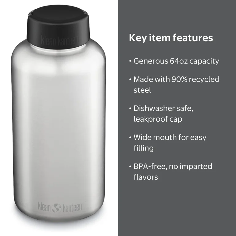 Klean Kanteen Brushed Stainless Steel Drinking Water Bottle, 64oz