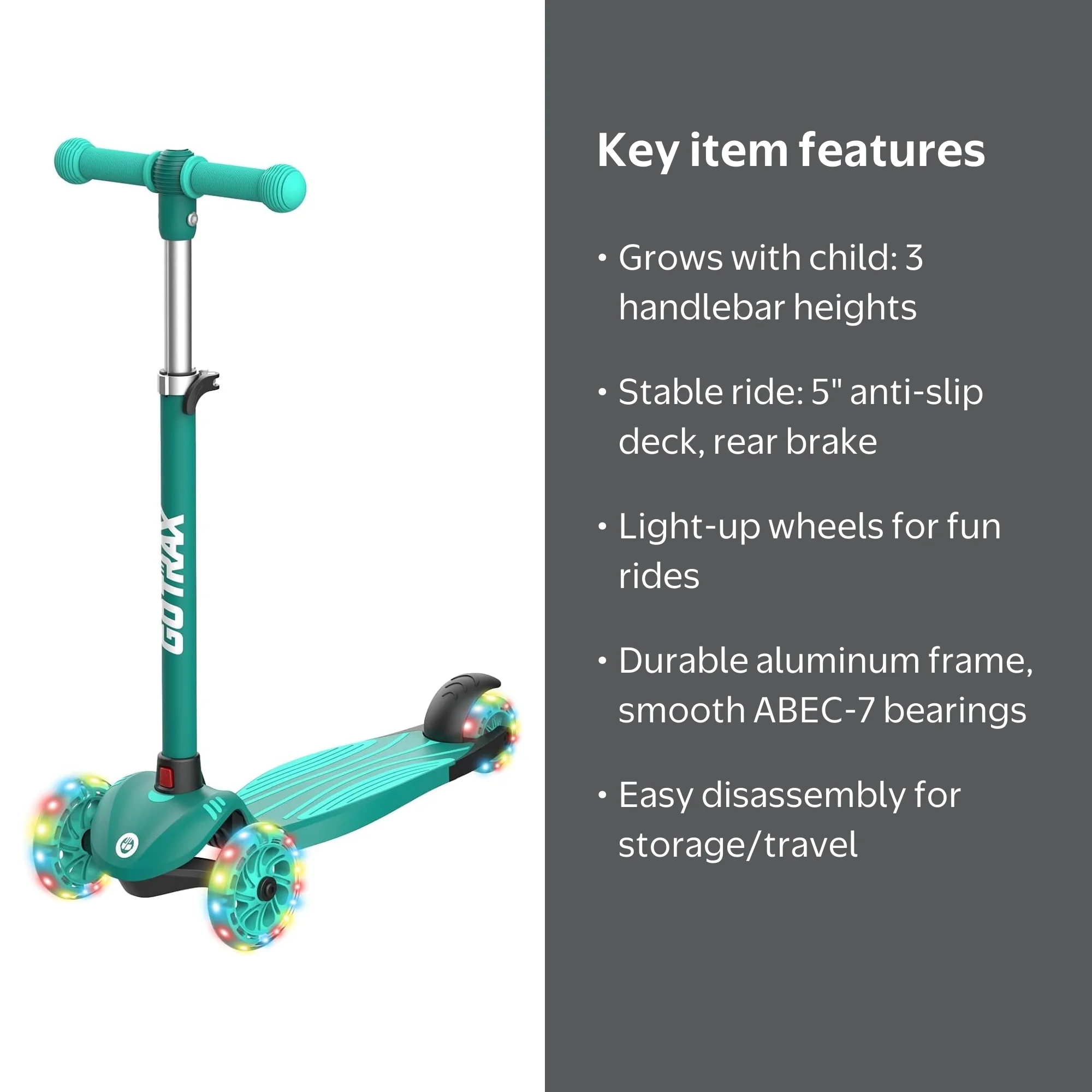 GOTRAX KS1 Kids Kick Scooter, 3 Wheel, LED Lighted, Adjustable