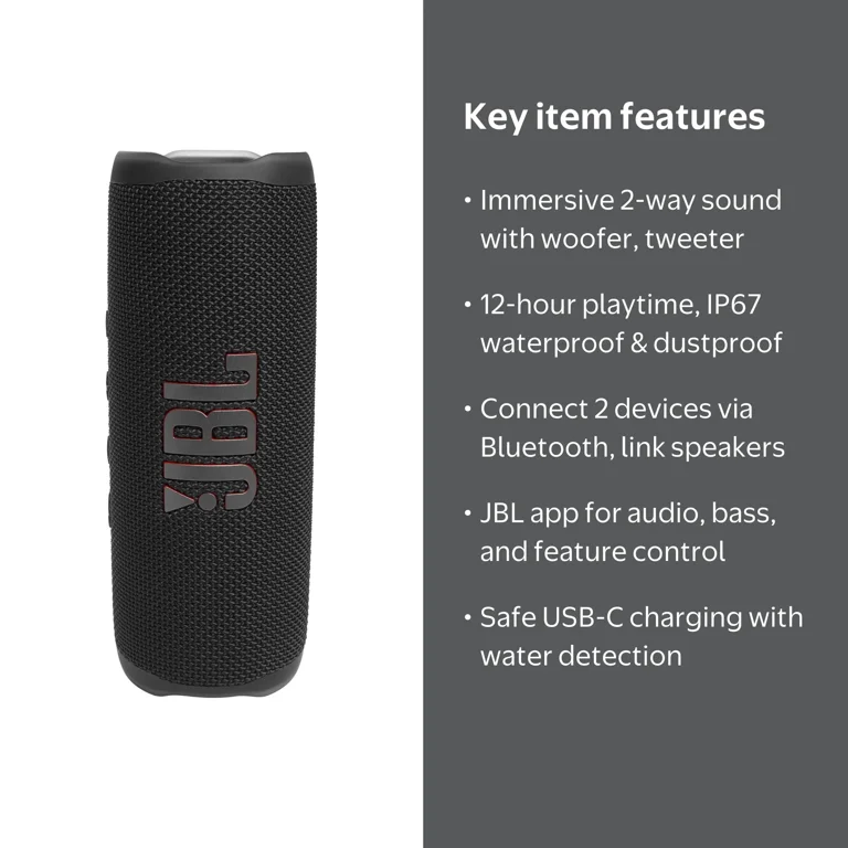 JBL Flip 6 Portable Waterproof Speaker (Black) - Bluetooth, Travel