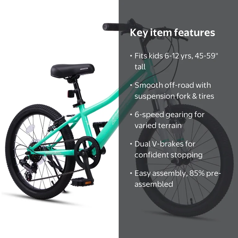 AVASTA, Kids Mountain Bike, 20'', Green, with Suspension Fork