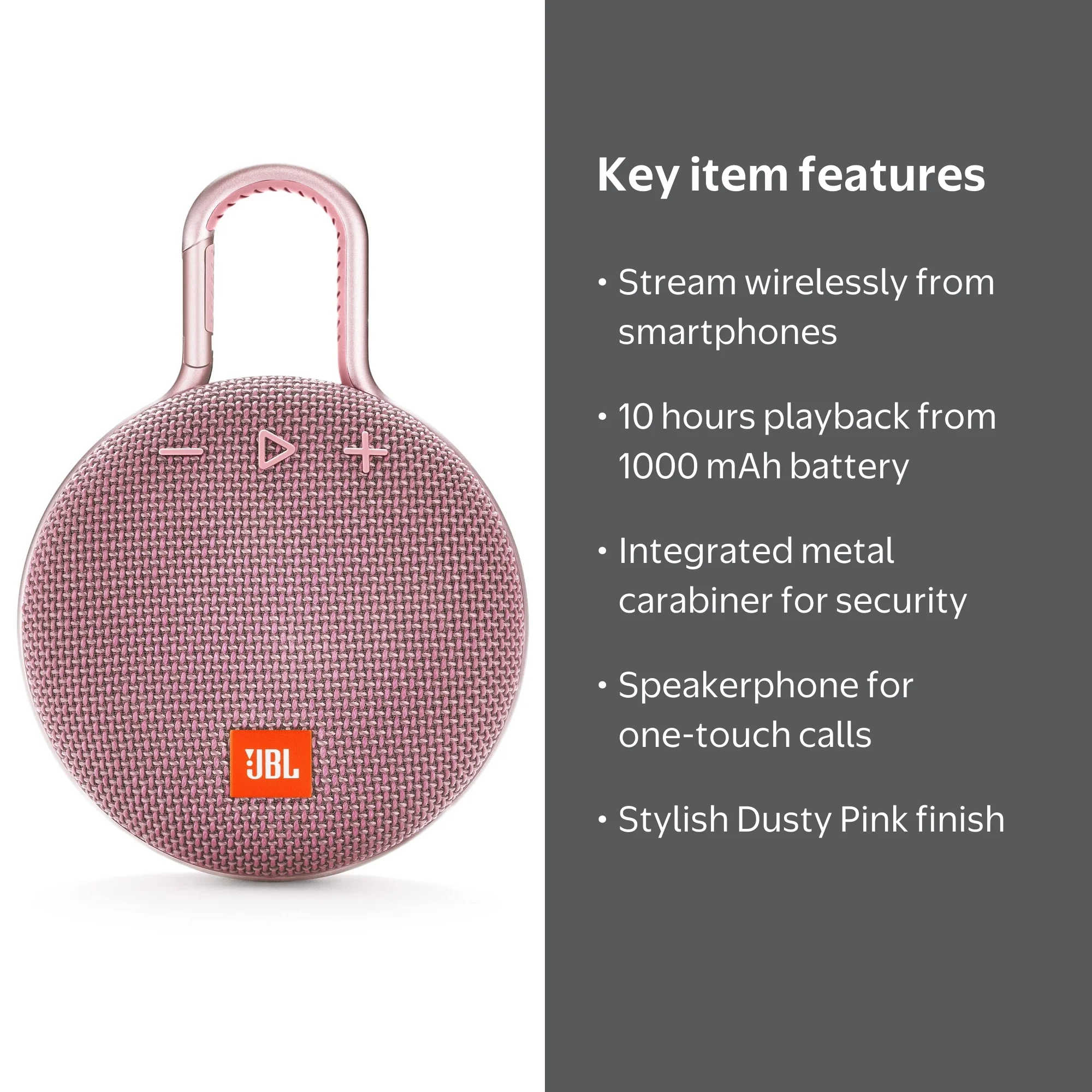 JBL Clip 3 Portable Bluetooth Speaker, Dusty Pink, Waterproof