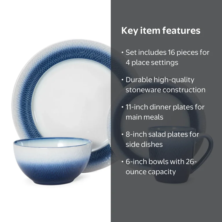 Pfaltzgraff, Dinnerware Set, 16-Piece, Eclipse Blue Stoneware
