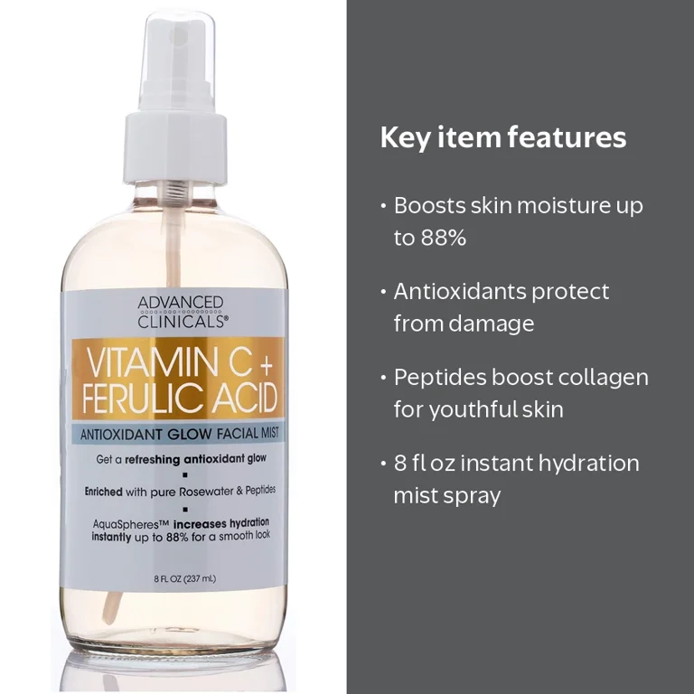Advanced Clinicals Vitamin C + Ferulic Acid Antioxidant Glow Face Mist Spray. Instant Hydration Facial Toner. 8 fl oz