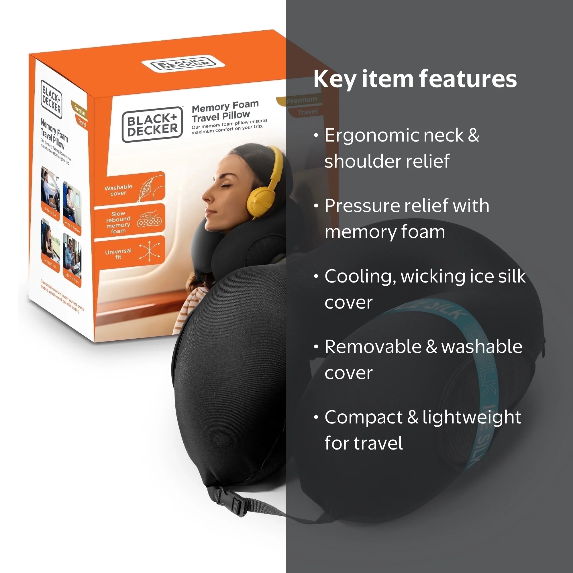 BLACK+DECKER Memory Foam Travel Pillow, Cervical Neck Support