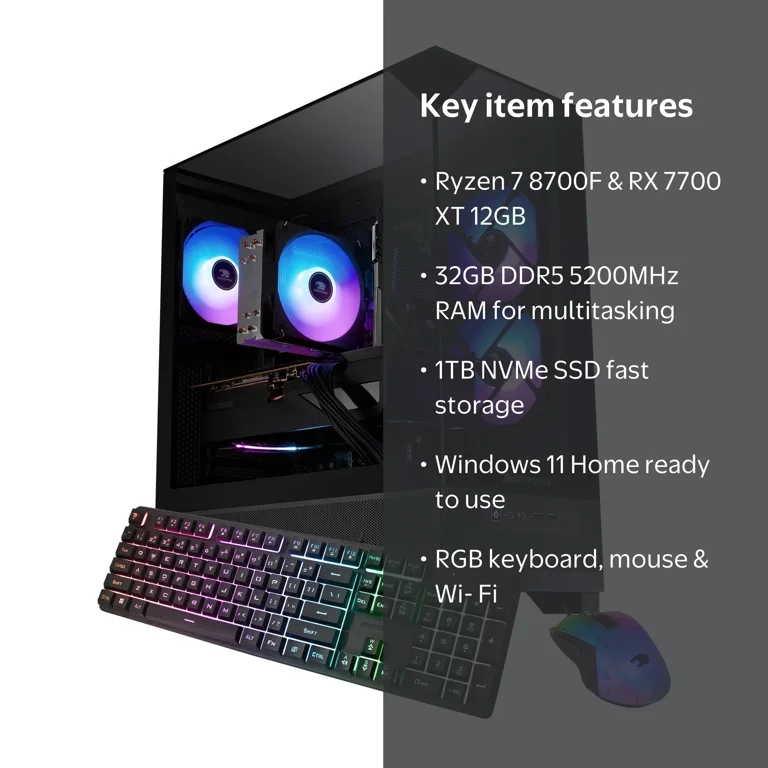 iBUYPOWER ESA7R77XT01 Gaming Desktop PC, AMD Ryzen 7 8700F, Radeon