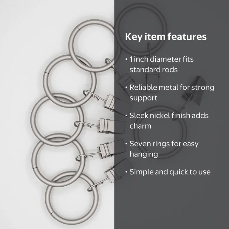 Mainstays Curtain Clip Rings Nickel Set of Seven 5.5 inch for