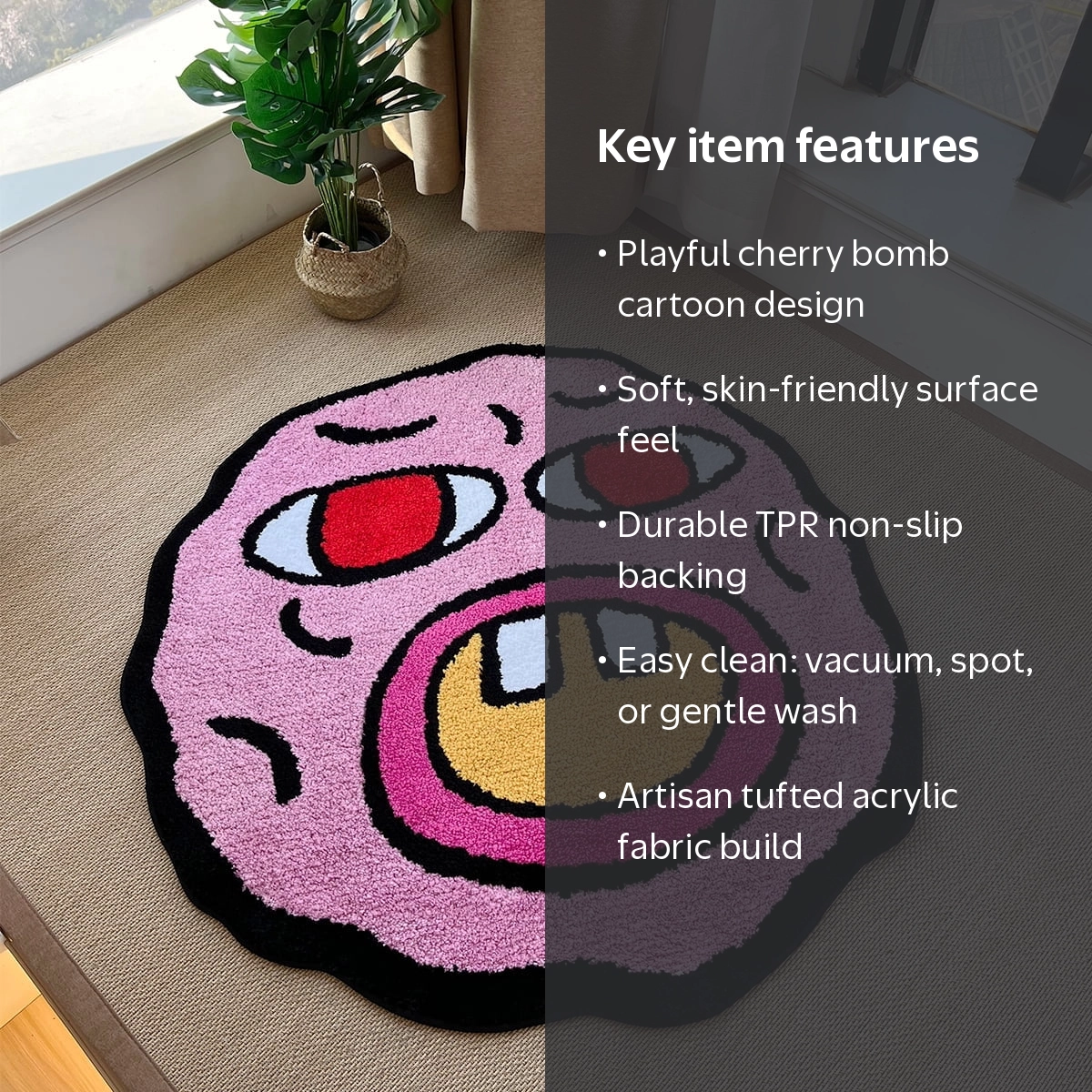 LAKEA Cherry Bomb Tufted Pink Cartoon Circle Area Rug, 31.5