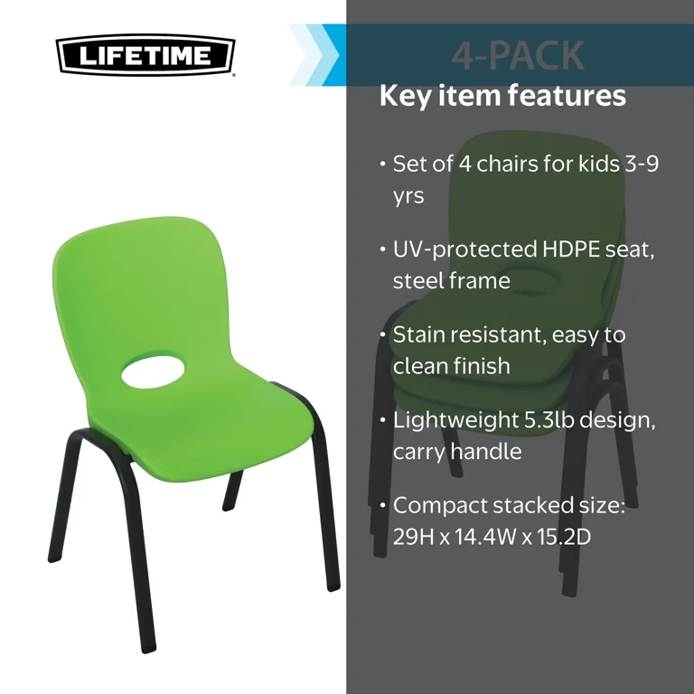 Lifetime Kids Steel Framed Indoor/Outdoor Stacking Chairs, Lime