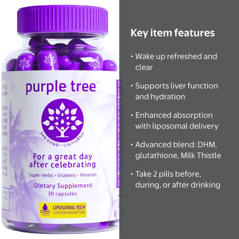 Purple Tree Post-Celebration Wellness Supplement with Liposomal DHM, Glutathione & Milk Thistle for Liver Support, Hydration & Morning Recovery, 30