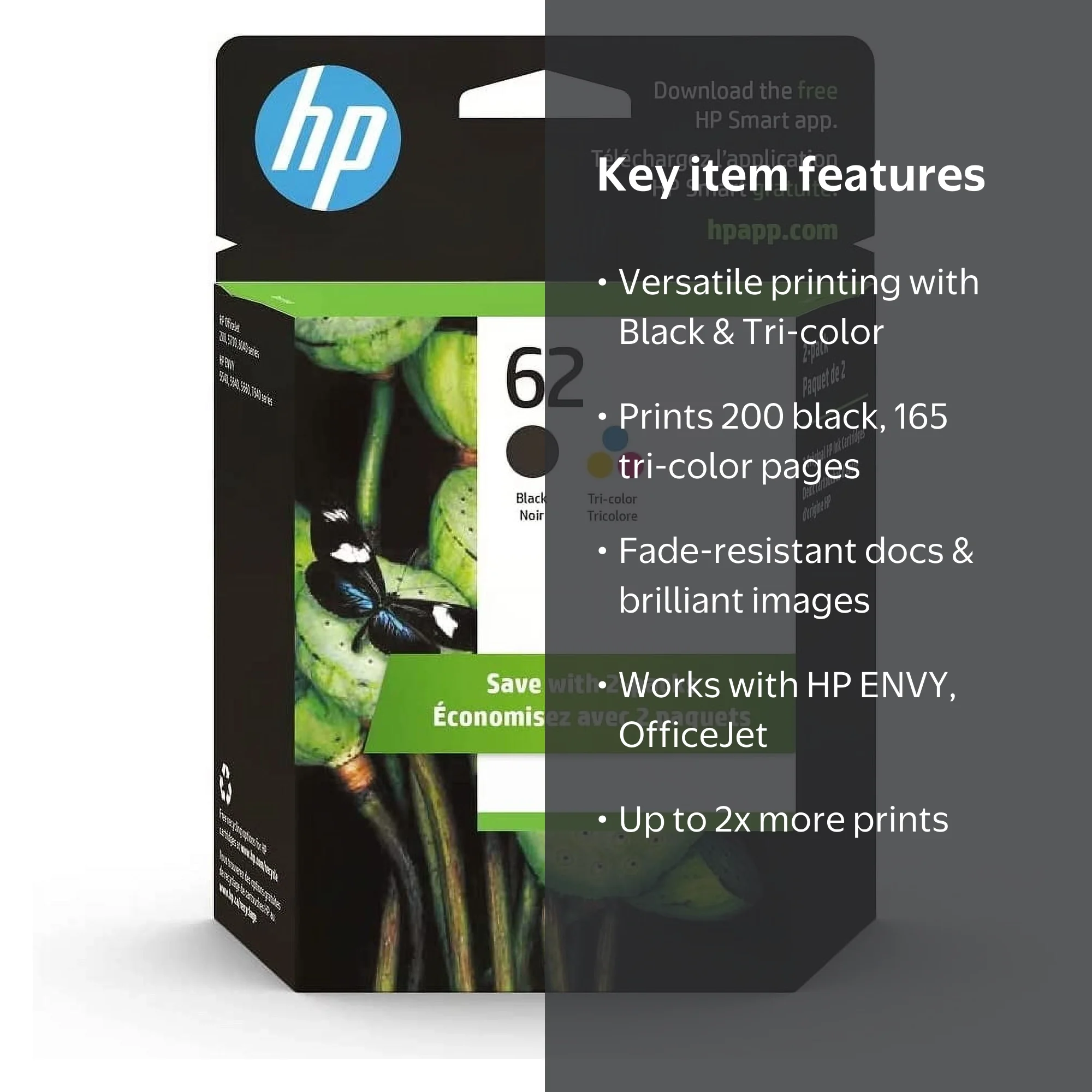 HP 62 Black/Tri-color Ink (2-pack) | Works with HP ENVY 5540, 5640