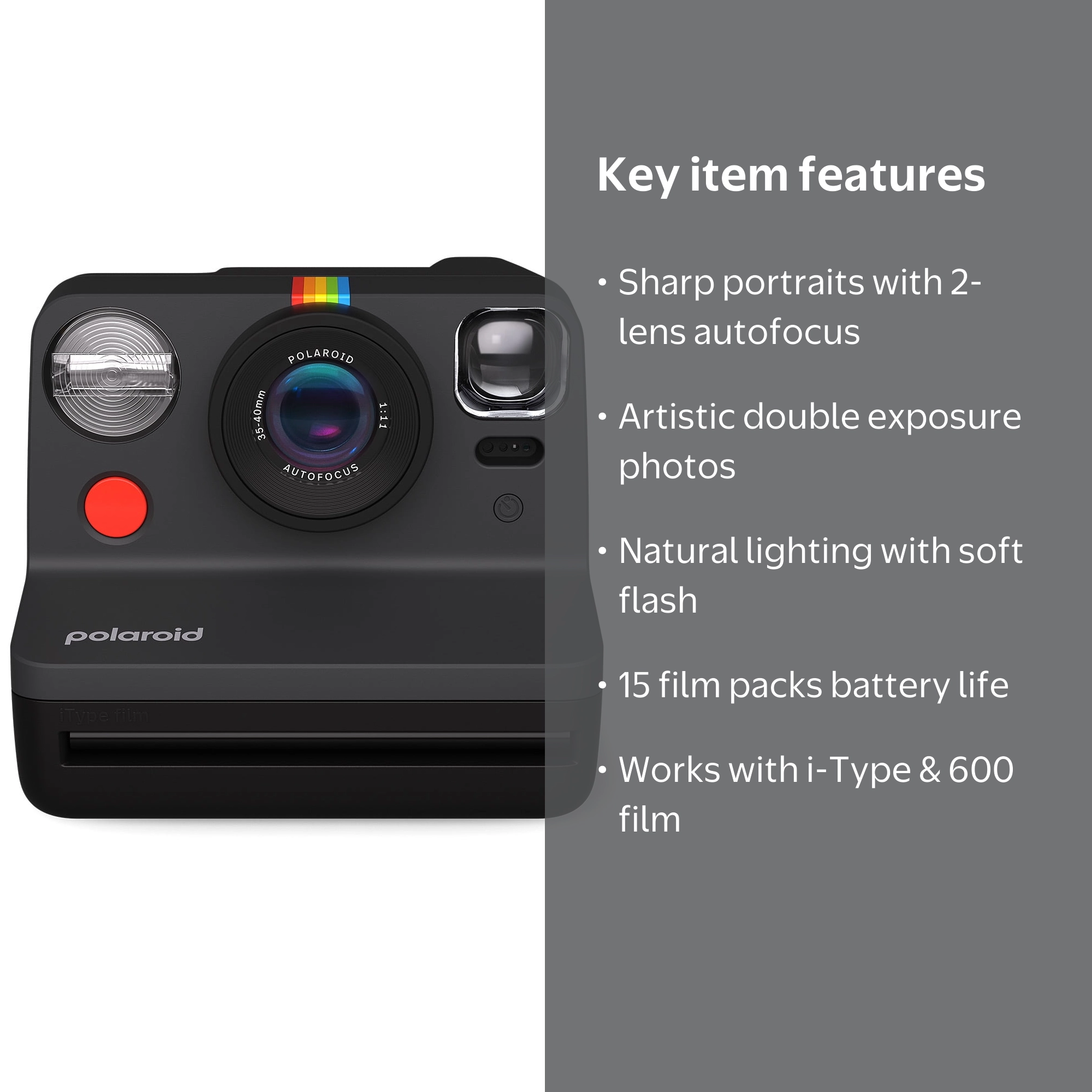 Polaroid Now Instant Camera ブラック Polaroid Now Generation 2 Instant Camera, Autofocus 2-Lens System
