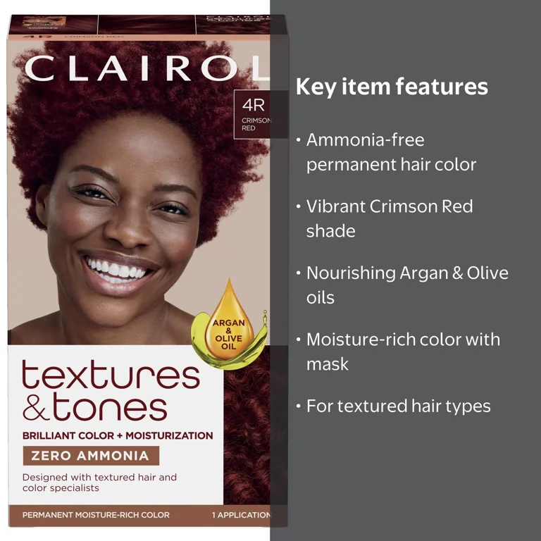Clairol, Textures & Tones Hair Dye, 4R Crimson Red, Ammonia-Free