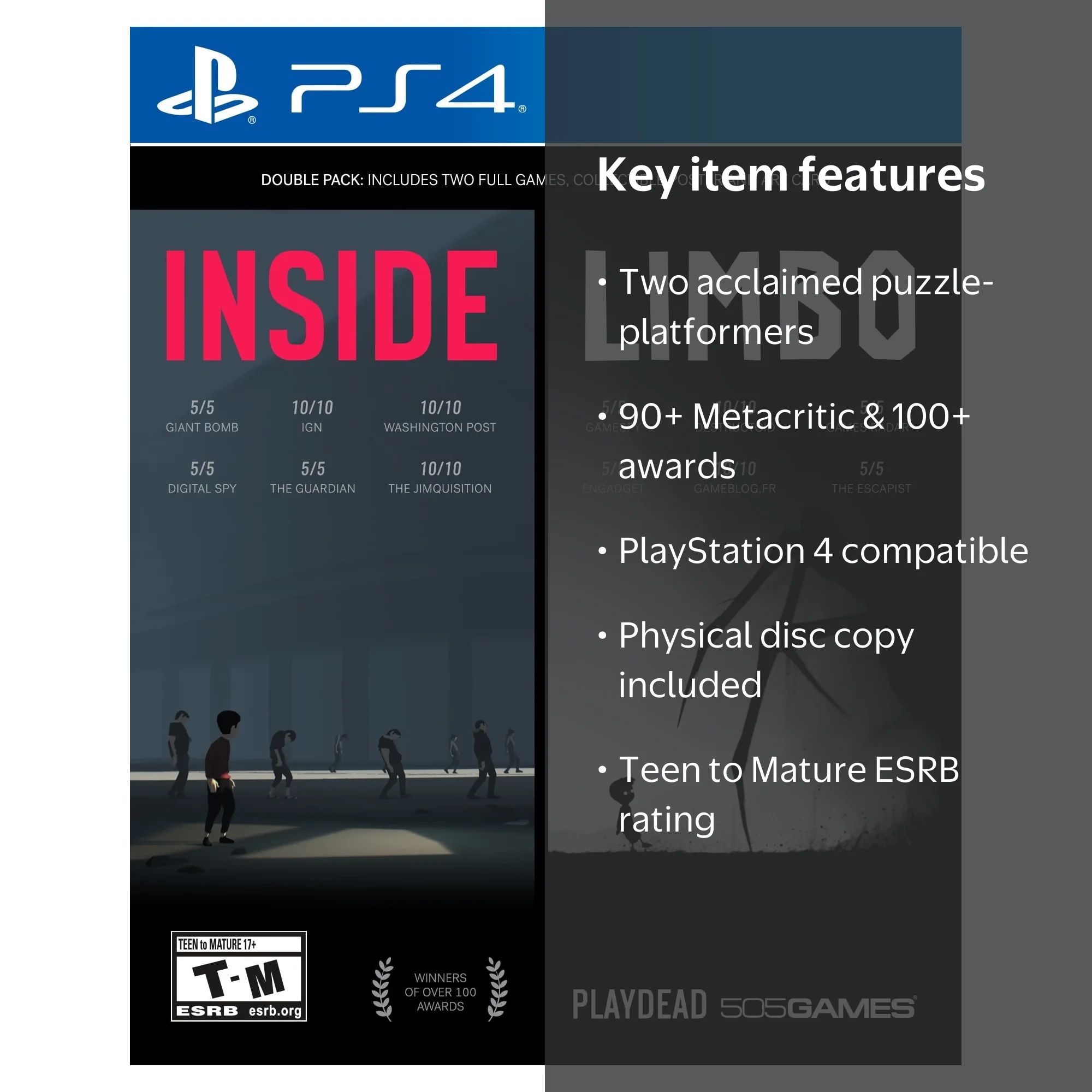 505 Games Inside/Limbo Double Pack, PlayStation 4 Game - Walmart.com