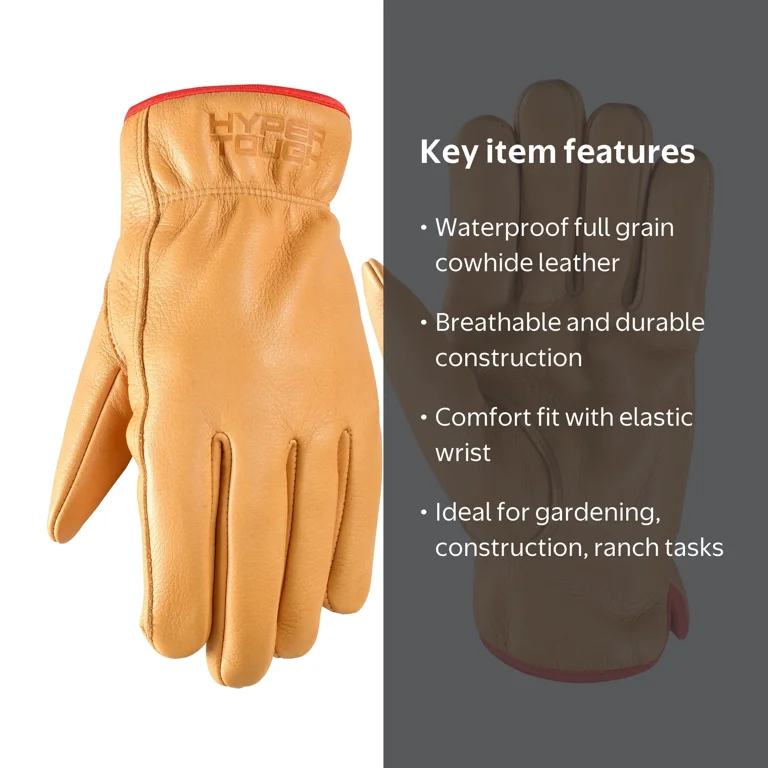 Hyper Tough Men's Cowhide Leather Work Gloves Brown Durable and
