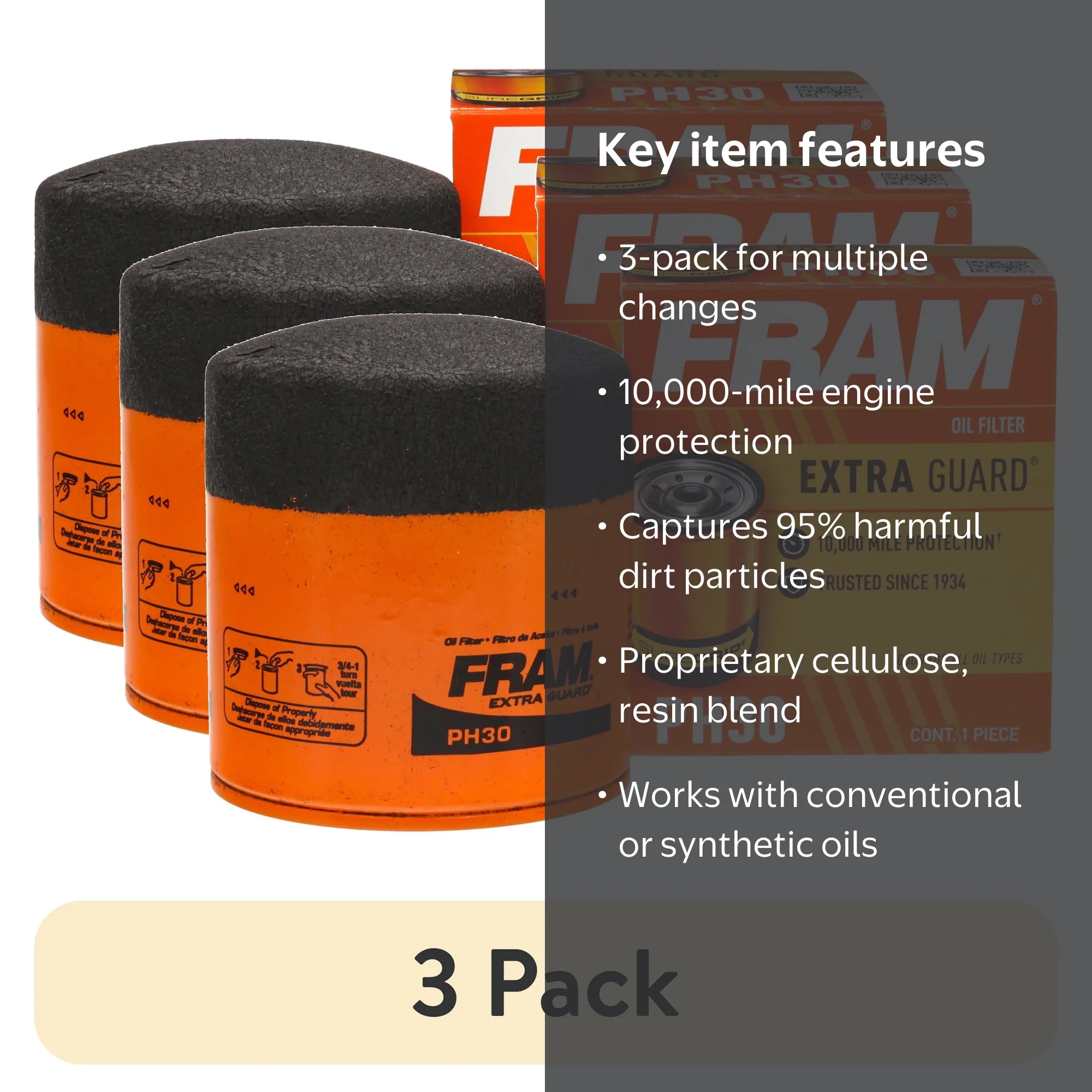 3 pack) FRAM Extra Guard Oil Filter, PH30, 10K Miles, Replacement