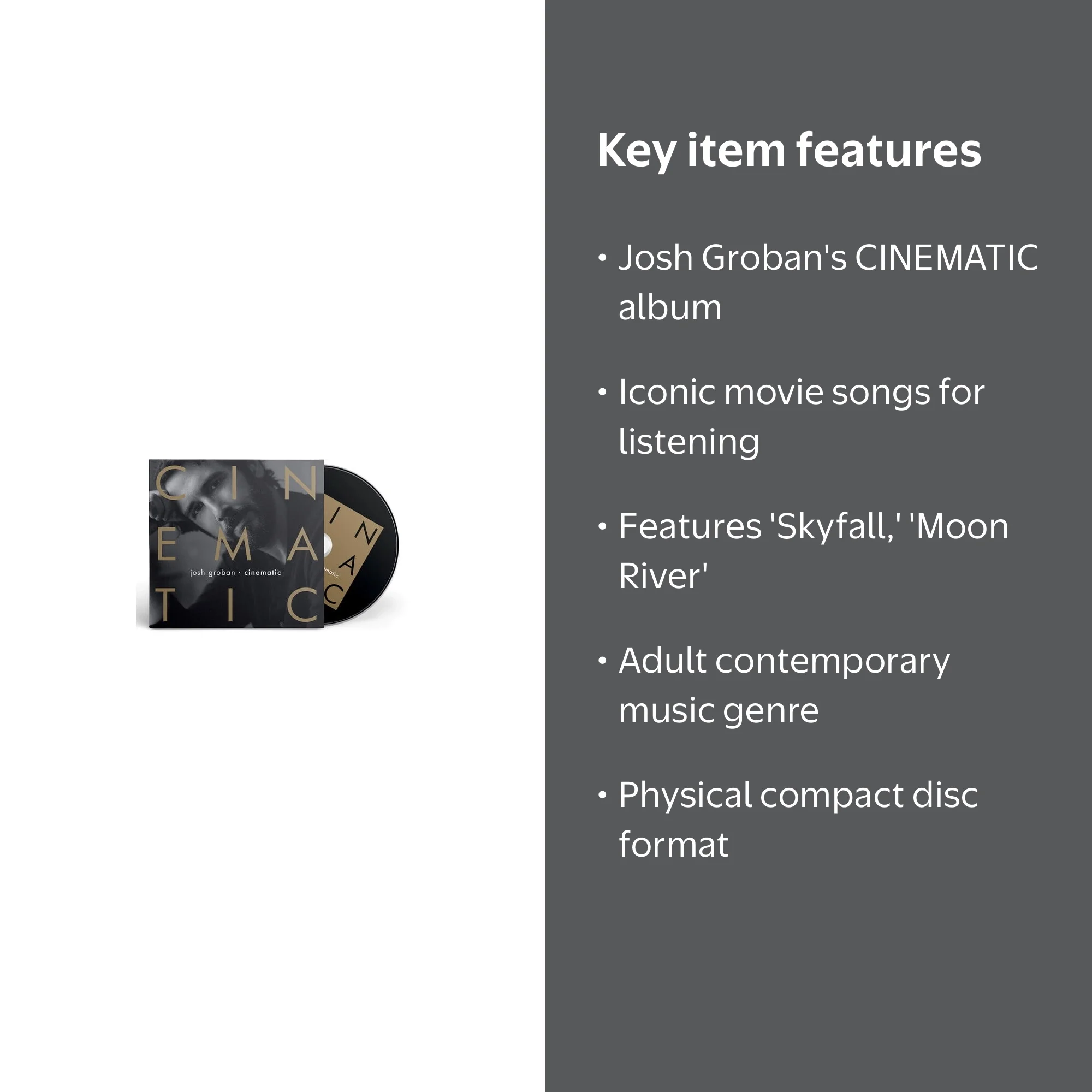 Reprise / WEA, CD, CINEMATIC, Movie Songs by Josh Groban - Walmart.com