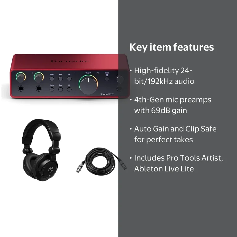 Focusrite Scarlett 2i2 4th Gen USB Interface, TAPH100 Headphones