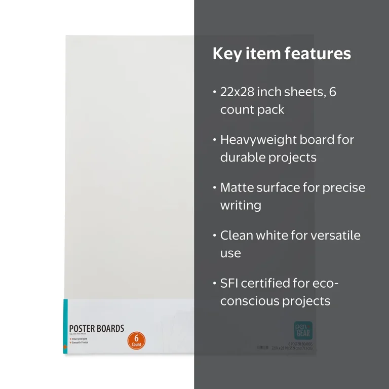 Pen+Gear Heavyweight White Poster Board, 22 in x 28 in, 6 Count