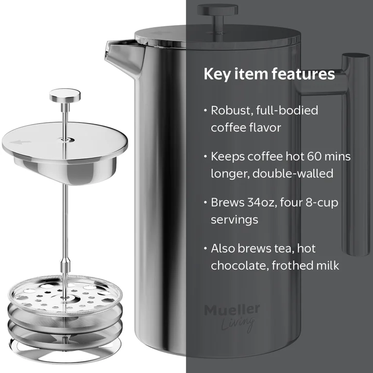 MuellerLiving Stainless Steel Double Insulated 8-Cup French Press