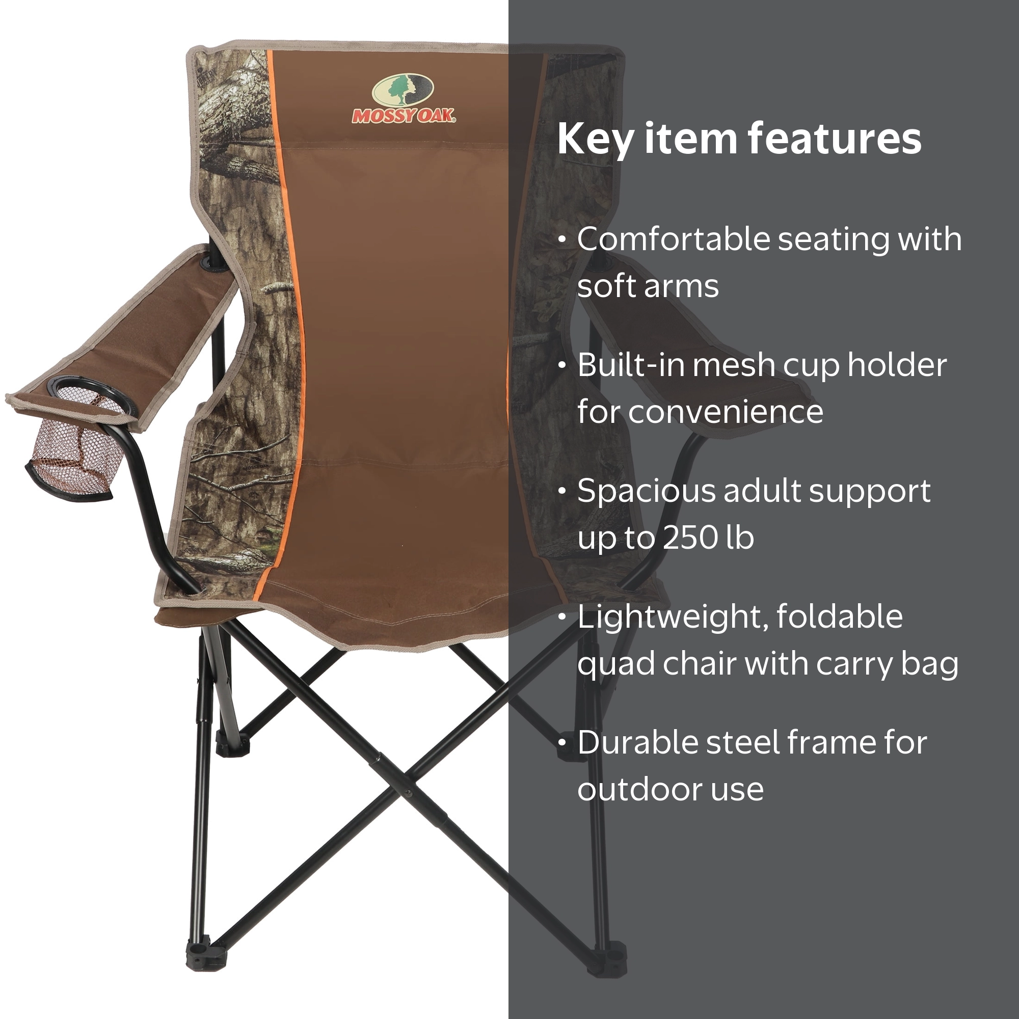 Mossy Oak Camo Quad Chair with Soft Arm, Durable Steel Frame, Mesh