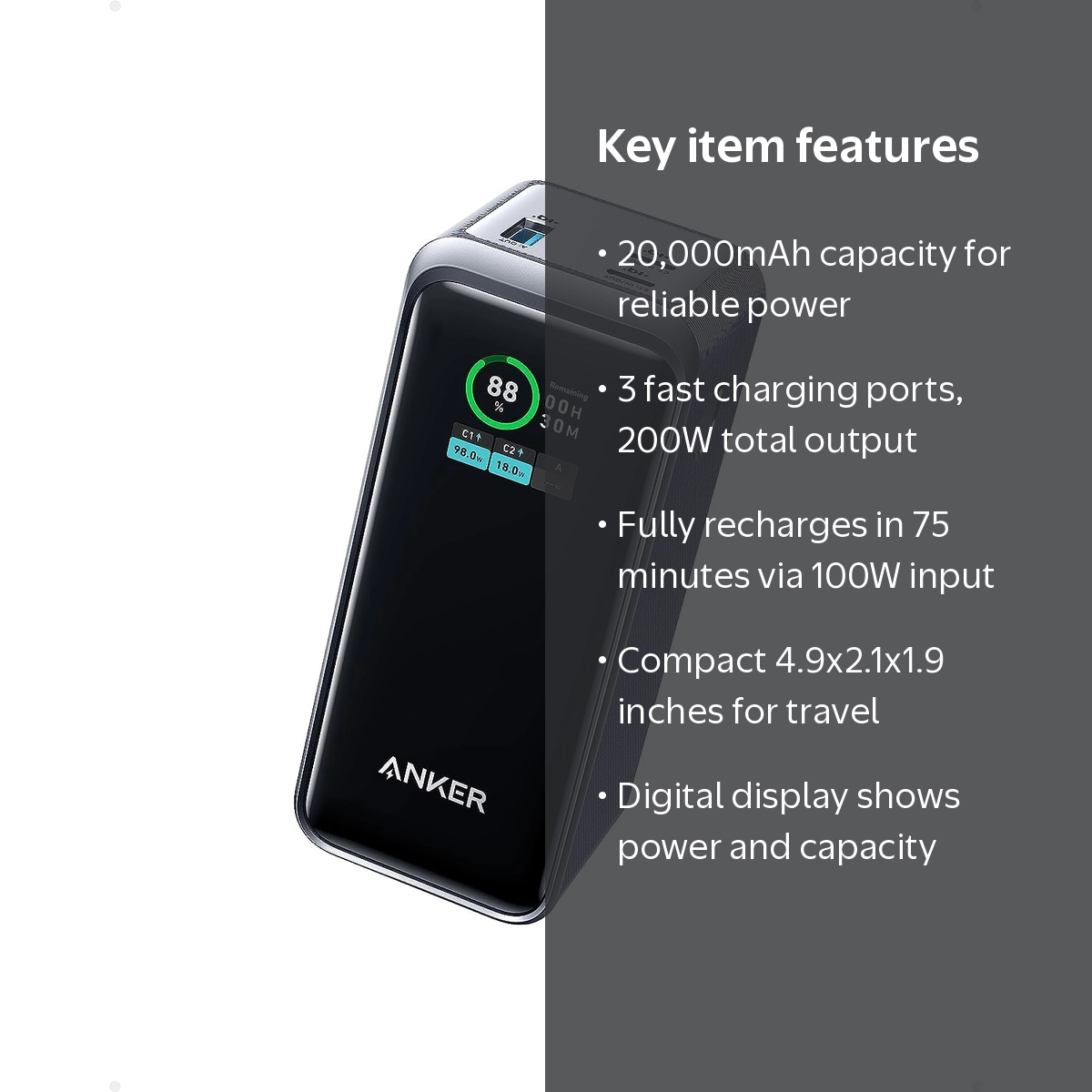 Anker, Power Bank, 20k mAh, 200W, Black, 2 USB C Ports - Walmart.com