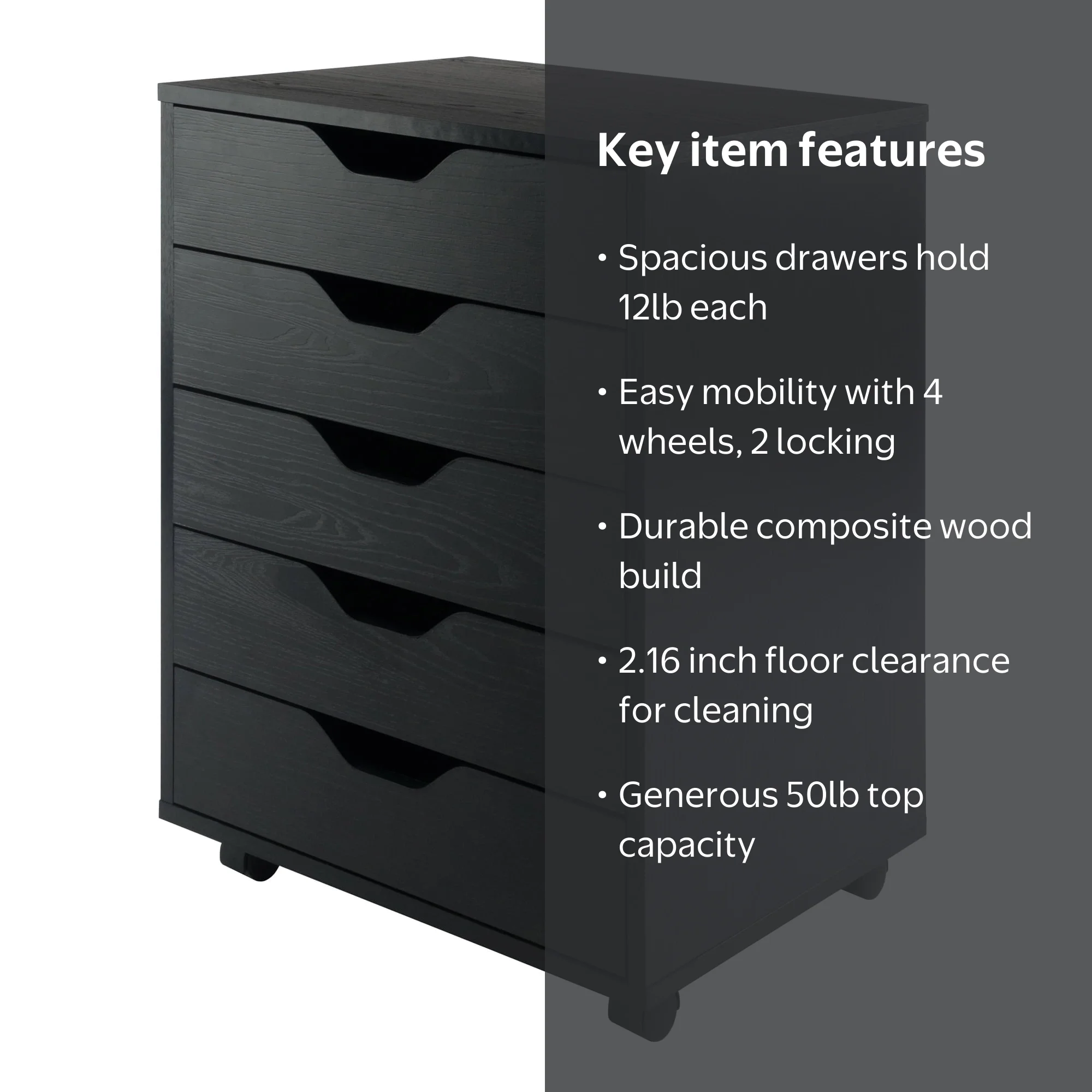 Winsome, 5-Drawer Mobile Cabinet, 20519, Black Finish - Walmart.com