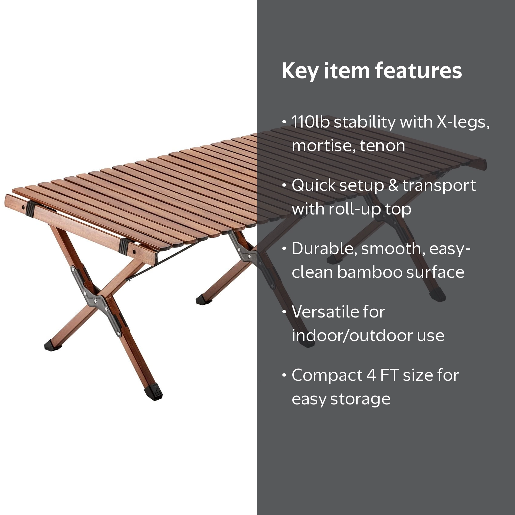UNICOO, Bamboo Folding Picnic Table, 4 ft, Portable Indoor and