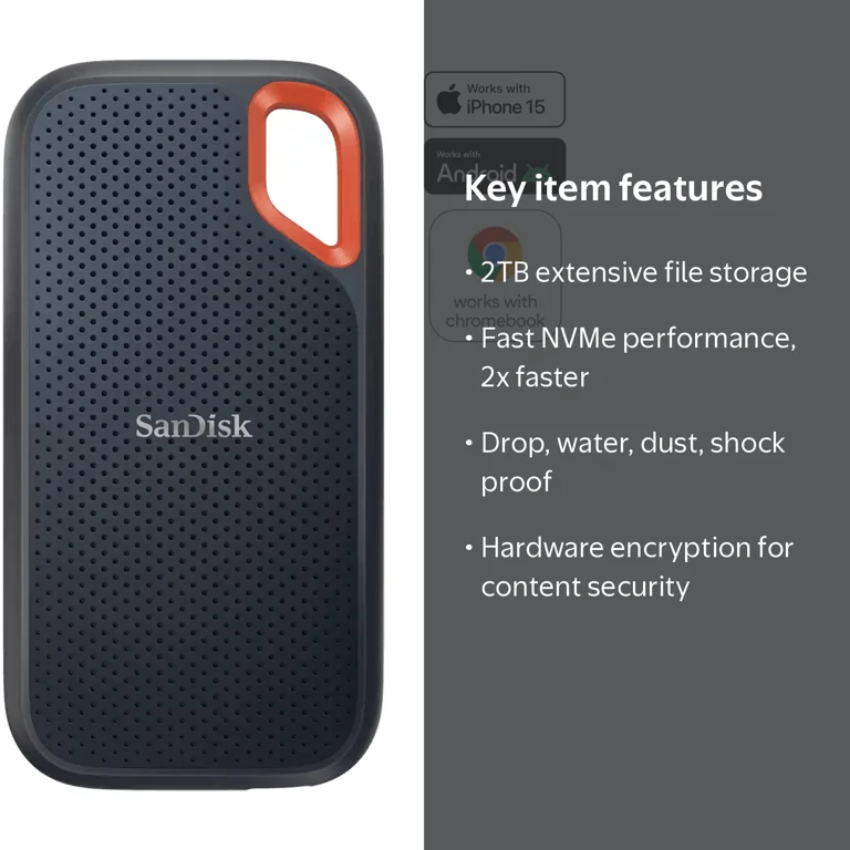 SanDisk, External Solid State Drive, 2TB, Portable, Black