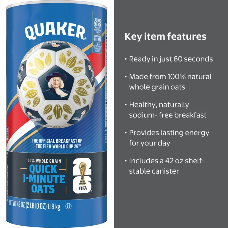 Quaker, Quick 1 Minute Oats, 42 oz Canister, Whole Grain Oats