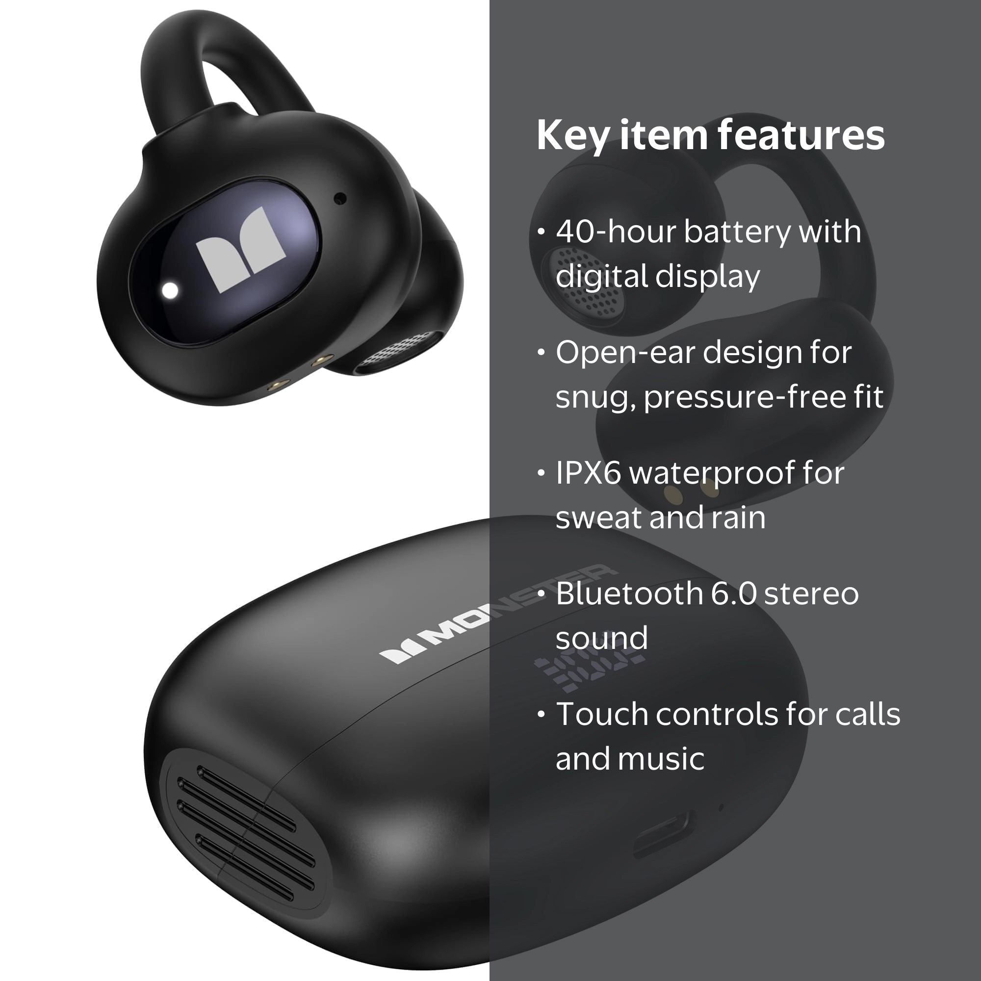 Monster, Open Ear Earbuds, Bluetooth 6.0, 40 Hours Playback Black