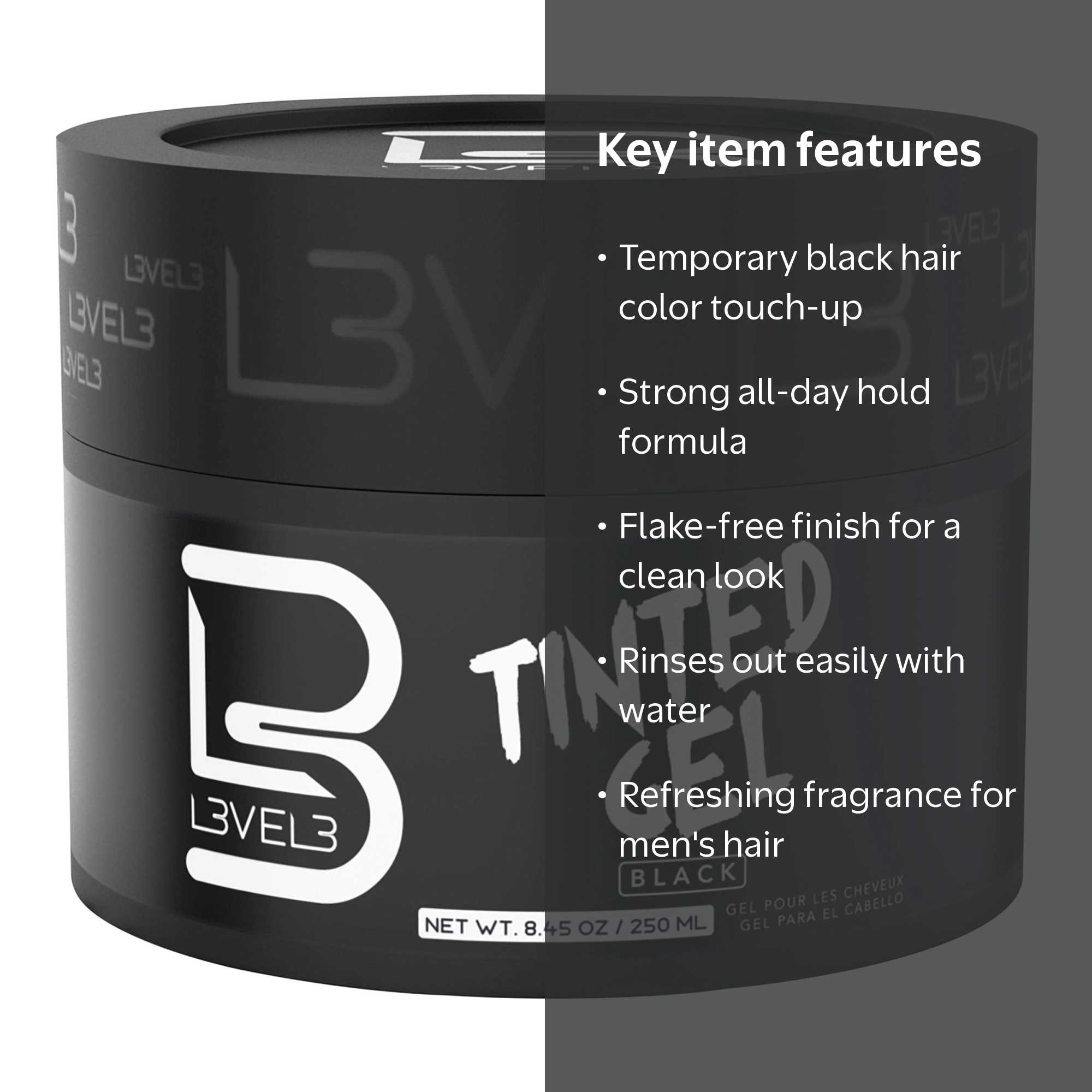 L3VEL3 Tinted Hair Gel Black 8.45 Oz for Gray Coverage and Style