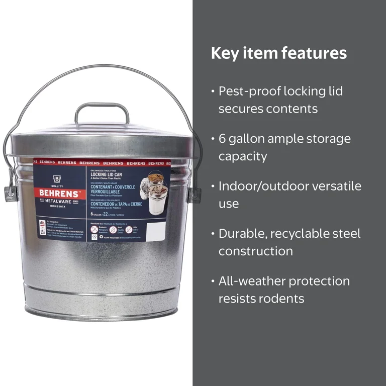 Behrens Galvanized Steel Locking Lid Trash Can, 6-Gallon, Durable