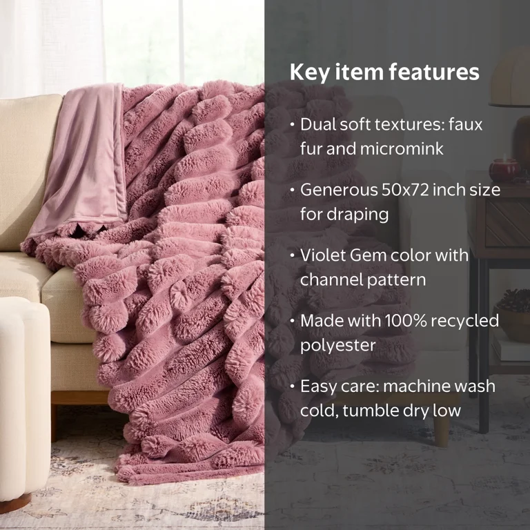 Better Homes & Gardens Violet Gem Channel Faux Fur Throw, 50 in x