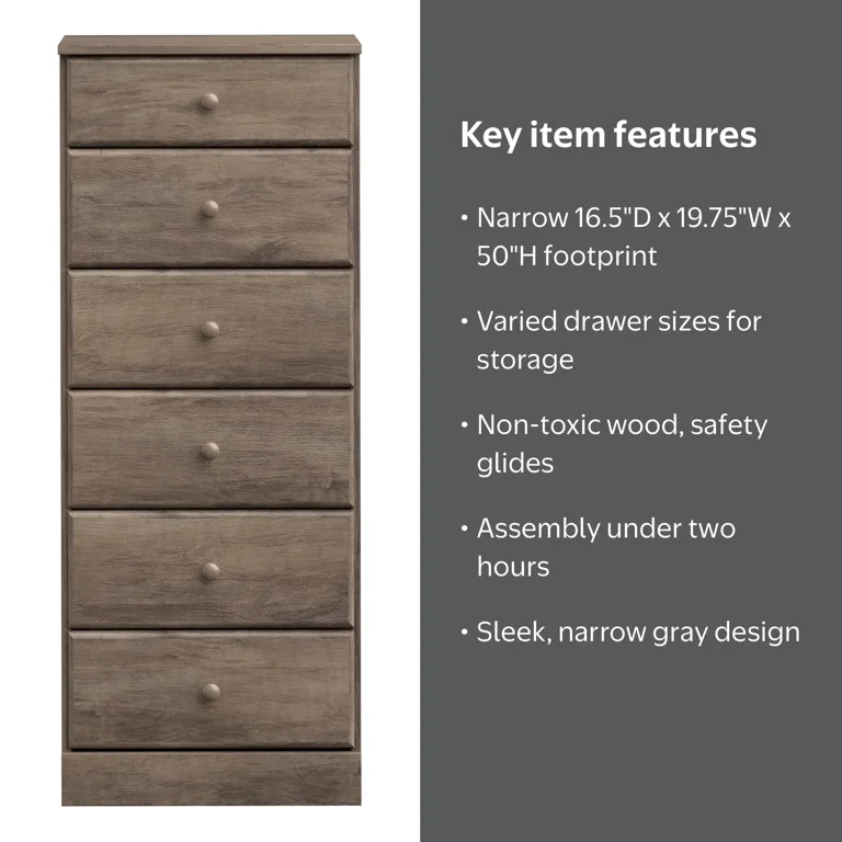 tall skinny grey dresser Gymax 6 Drawer Dresser Tall Wooden Chest of Drawers w/ Metal Drawer Guide Rails Grey